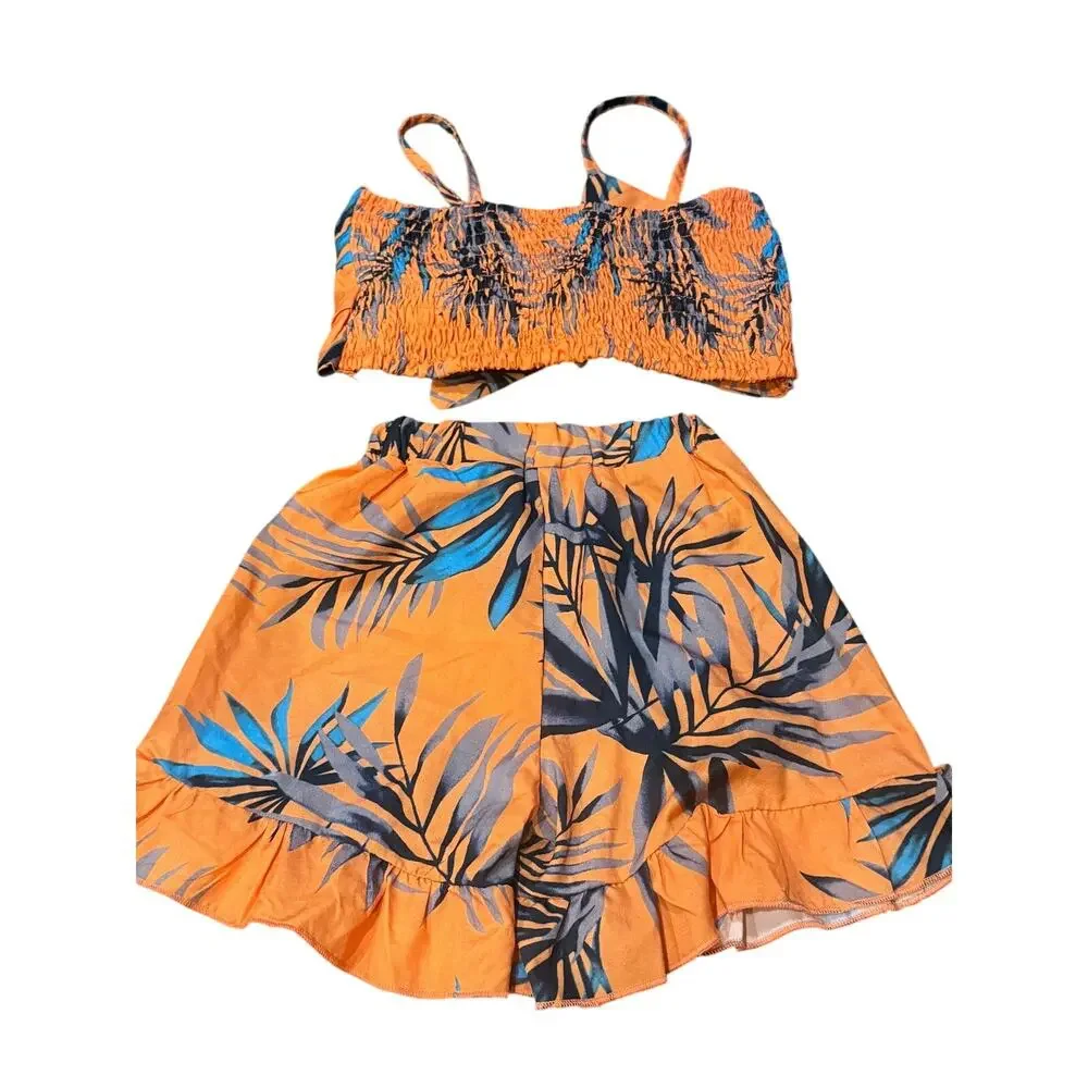 2 Tropical Summer Outfit Sets 12-24M Off Shoulder Crop Top Shorts Bundle